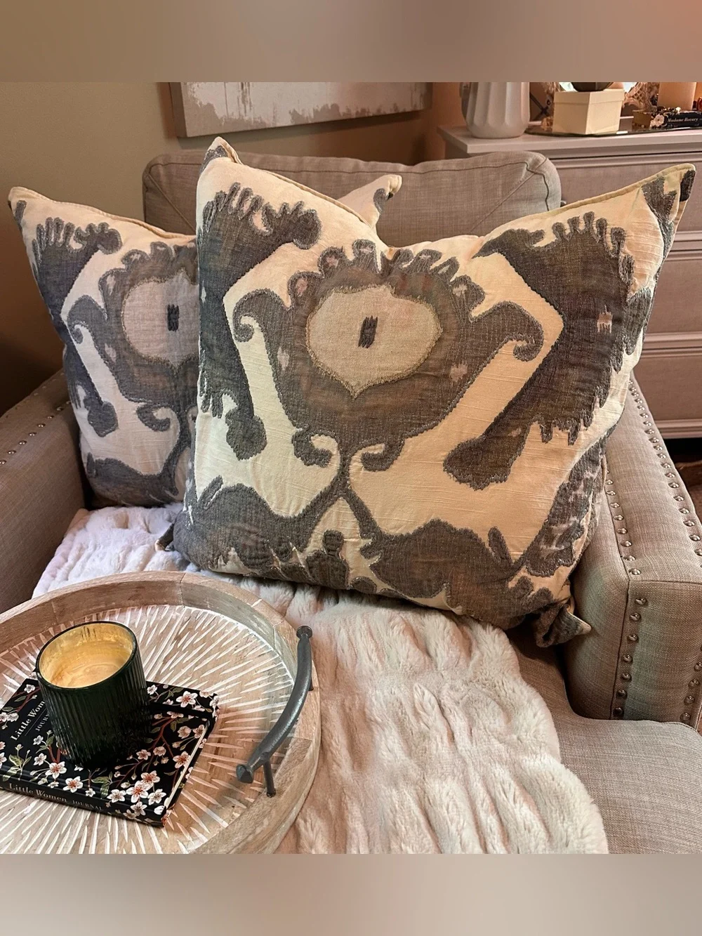 Pottery Barn Hudson Ikat Embroidered Pillow Cover - 24” Neutral